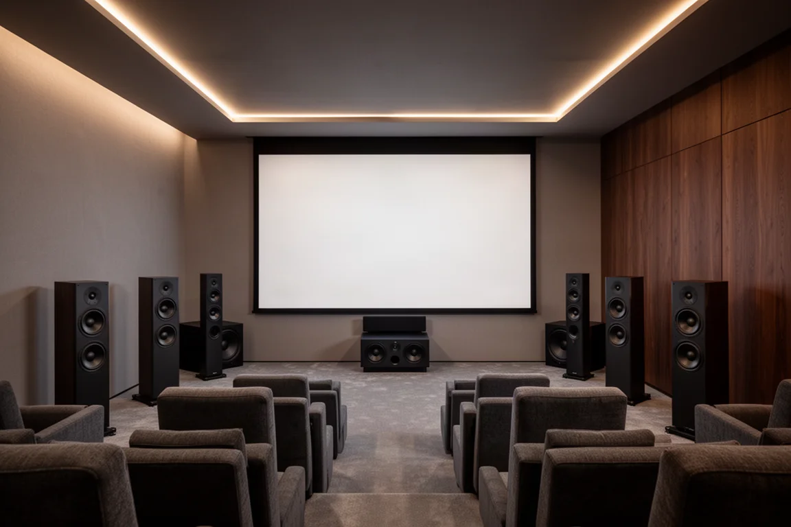 Sala de cine en casa oscura con butacas escalonadas, pantalla de proyección iluminada y altavoces de torre altos