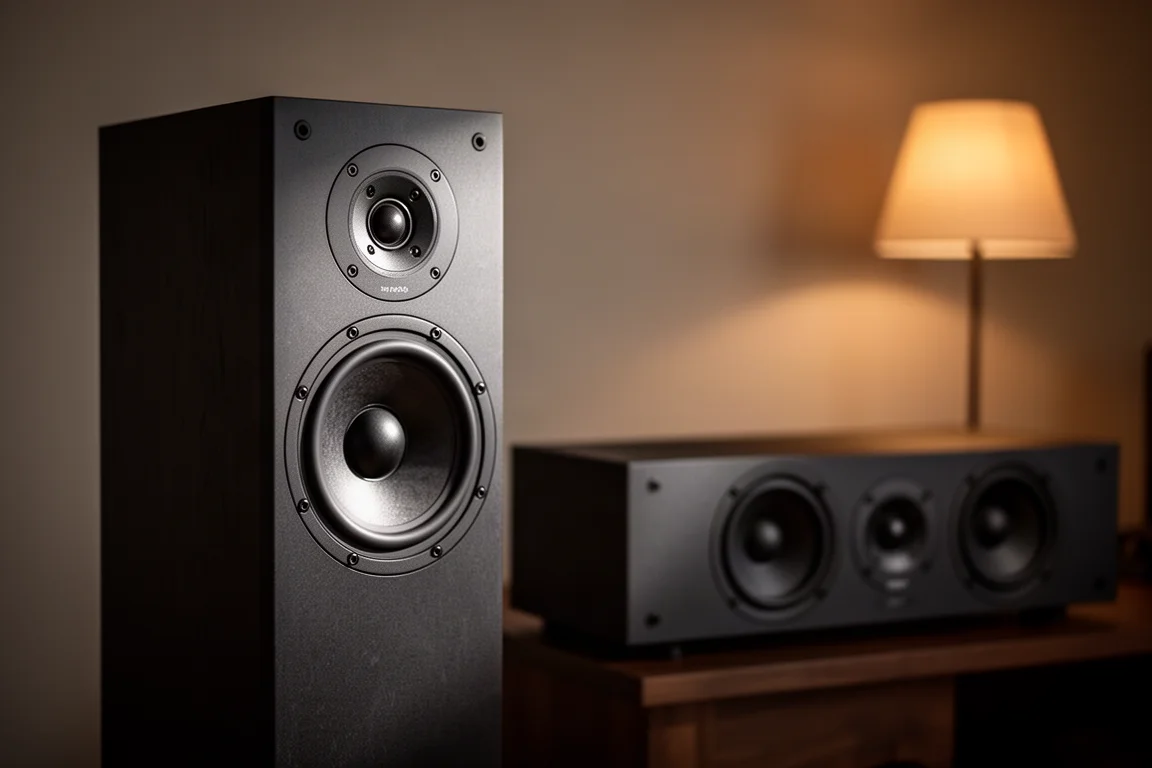 Primer plano de un transformador toroidal y condensadores cilíndricos dentro de un amplificador de audio