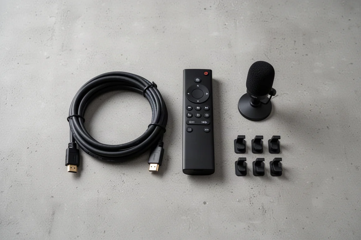 Mueble multimedia moderno con un receptor AV, cables ordenados y un tocadiscos delgado
