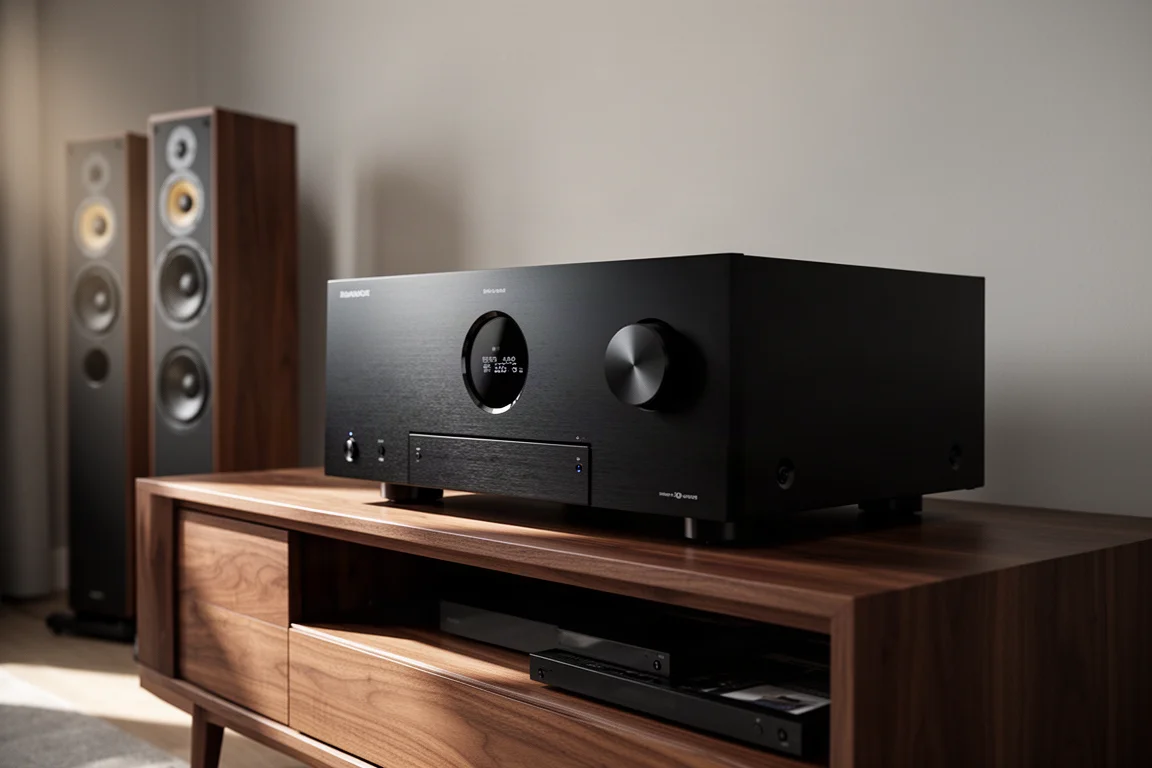 Large black flagship AV receiver with brushed metal front panel on a matte concrete surface