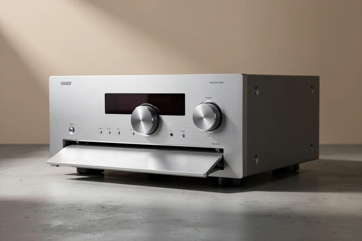 Silver-fronted home theater AV receiver photographed on a matte concrete surface