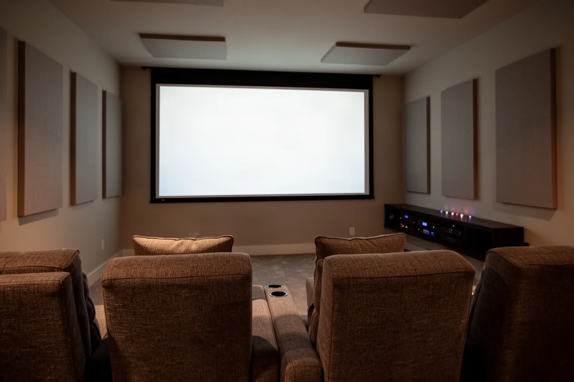 Sala de cine en casa con poca luz, pantalla de proyección grande y rack de equipos iluminado