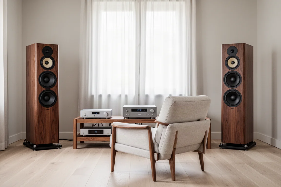 Par de altavoces de torre en una sala de escucha con un rack de audio bajo