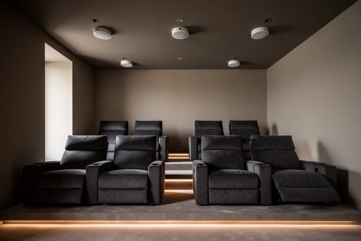 Zona de asientos de cine en casa con altavoces de techo e iluminación ambiental suave