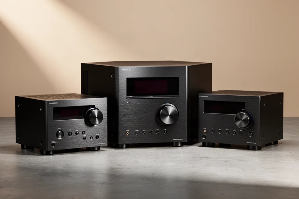 Three black AV receivers with aluminium front panels arranged on a concrete surface