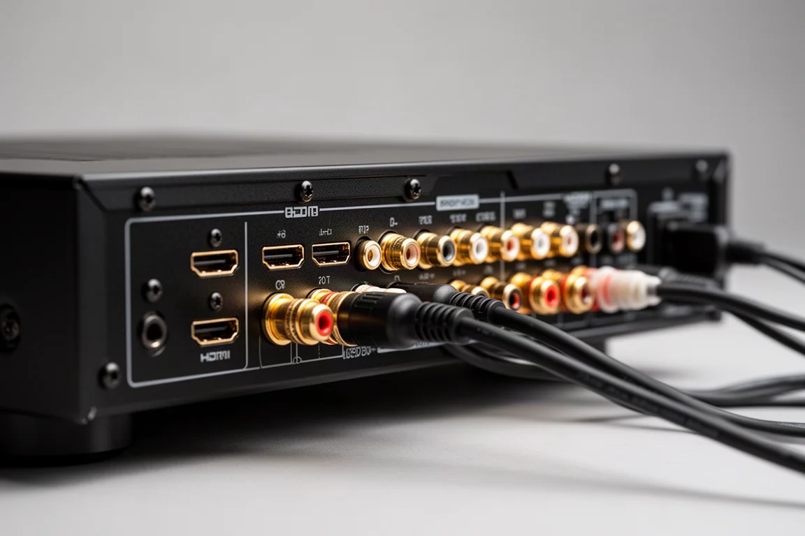 Närbild på baksidan av en hemmabioreceiver med HDMI-portar och högtalarterminaler