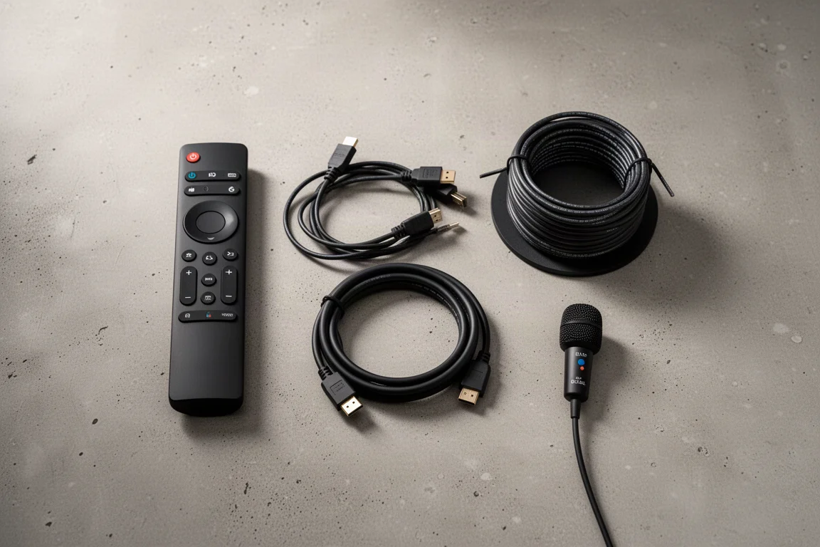 Fågelperspektiv ovanifrån av en fjärrkontroll, HDMI-kabel, högtalarkabel och kalibreringsmikrofon