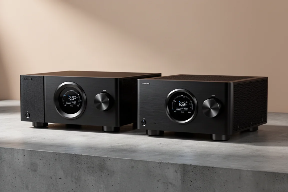 Two black Marantz Series 2 home theater receivers side by side on a concrete surface