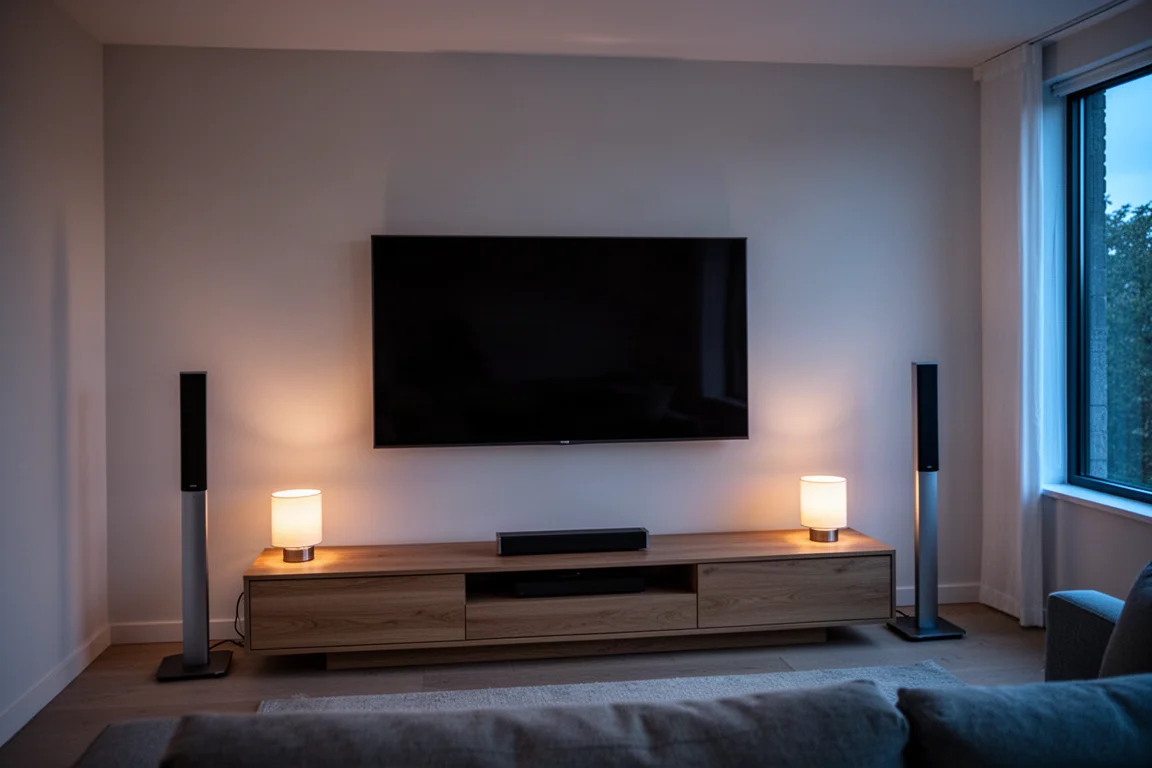 Sala de estar convertida en cine en casa al atardecer con altavoces surround y un televisor grande