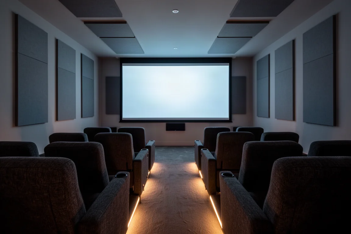 Sala de cine en casa al atardecer con asientos escalonados y el resplandor de la pantalla