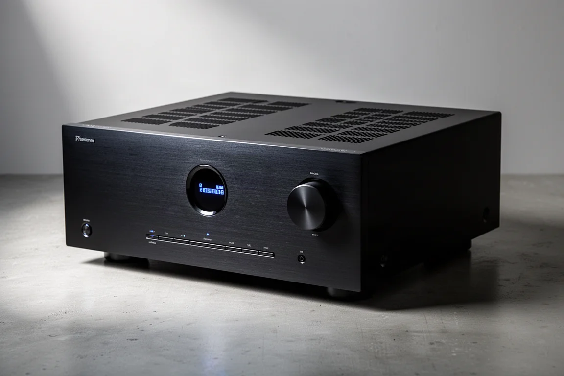 Black home theater AV receiver with circular porthole display on a matte concrete surface