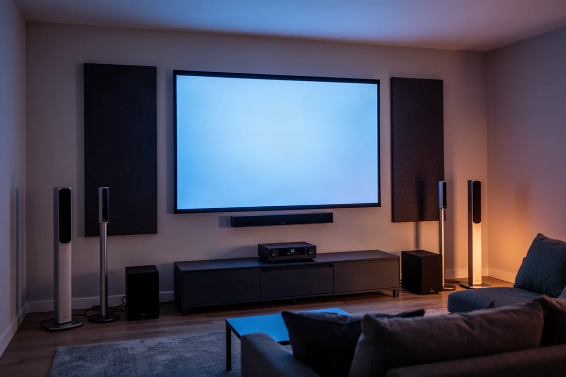 Sala de estar con cine en casa al atardecer, pantalla iluminada y altavoces envolventes