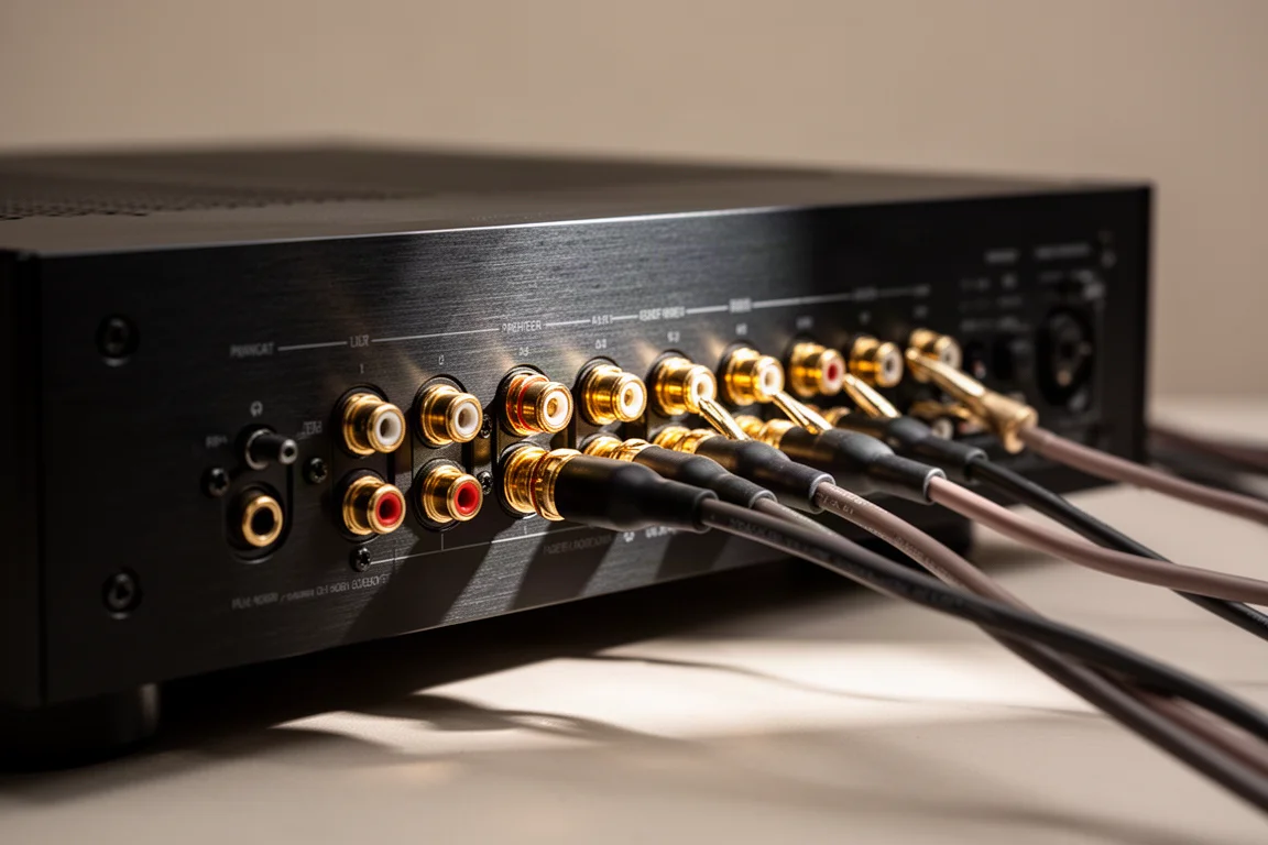 Primer plano de los bornes de altavoz chapados en oro en la parte trasera de un receptor AV negro