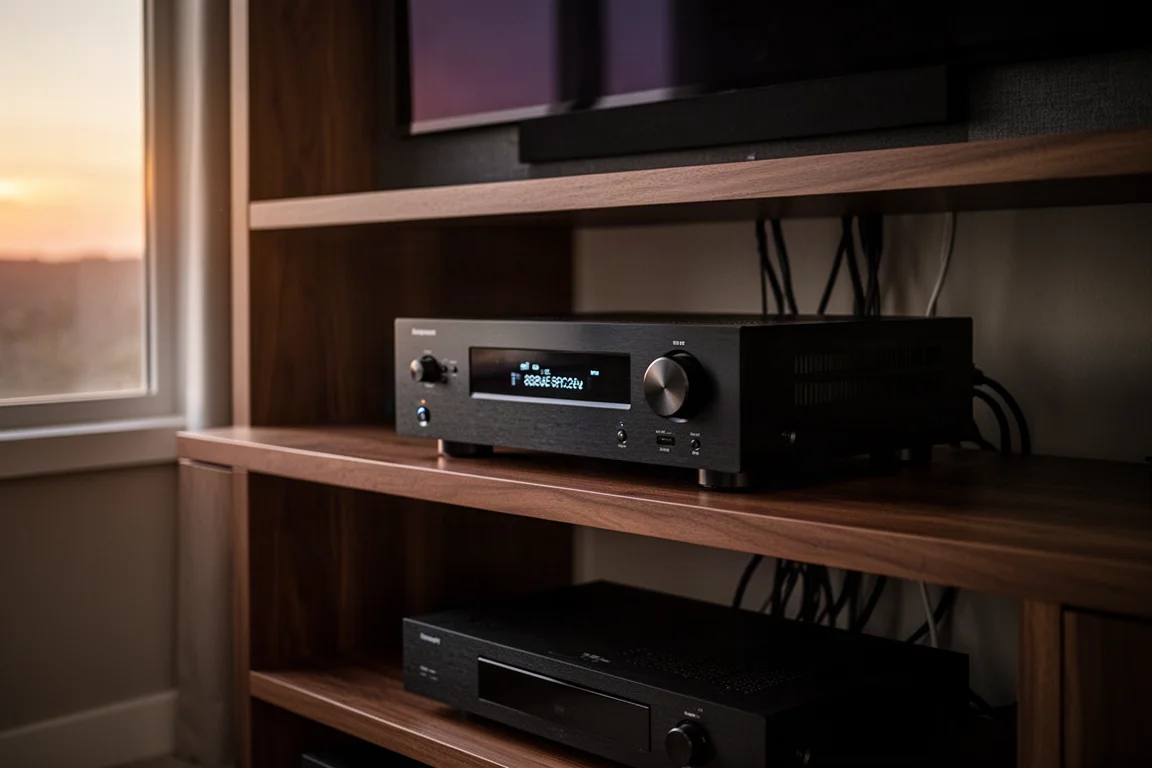 Rack de equipos de cine en casa en una sala multimedia con luz cálida de atardecer