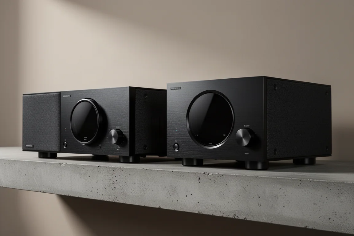 Two black Marantz home theater receivers side by side on a matte concrete shelf