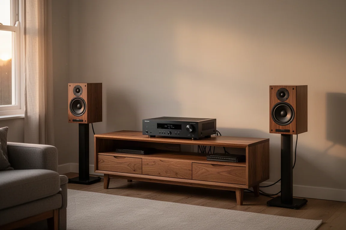 Kompakt slimmad AV-receiver på en låg mediebänk i trä i ett litet vardagsrum