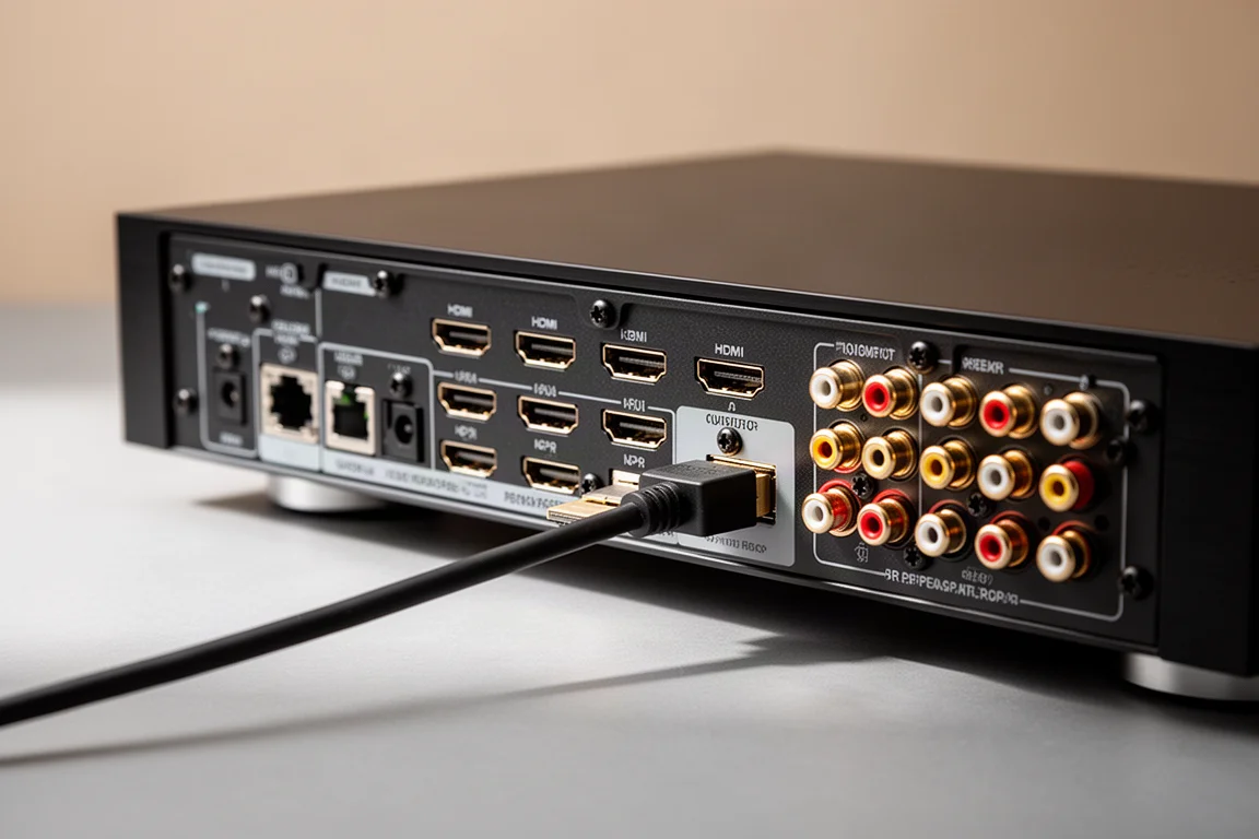 Närbild på HDMI-portar och högtalarterminaler på baksidan av en slimmad AV-receiver