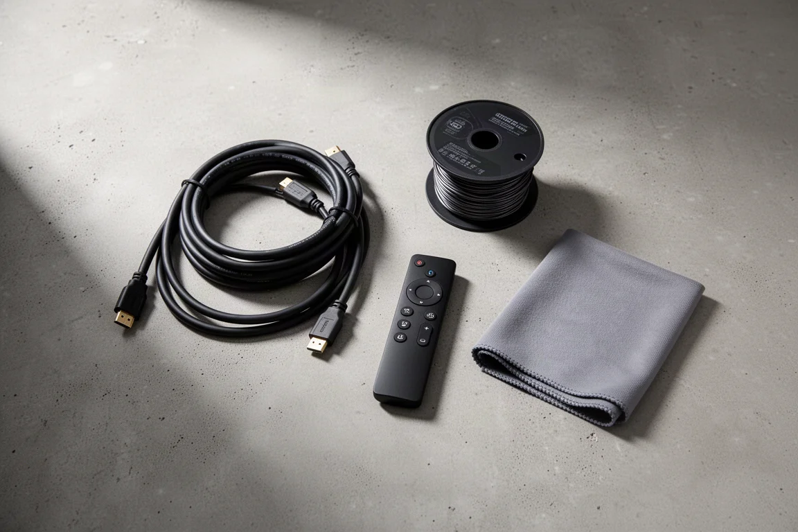 Ovanifrån liggande HDMI-kabel, högtalarkabel, fjärrkontroll och trasa på betong
