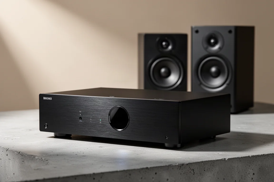 Slim black home theater receiver with bookshelf speakers on a concrete surface