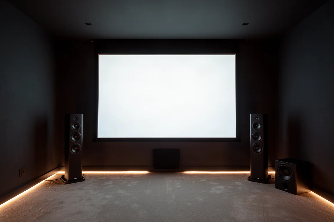 Sala home theater buia con schermo di proiezione, diffusori da pavimento e un subwoofer