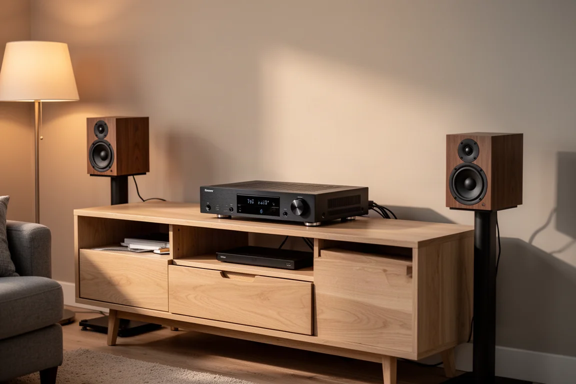 Ricevitore AV slimline su una consolle bassa con diffusori da scaffale in un soggiorno