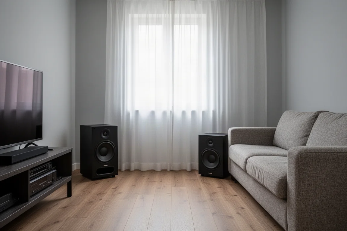 Due subwoofer posizionati in un soggiorno, uno sulla parete frontale e uno accanto a un divano