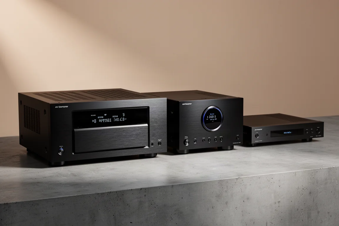 Three black AV receivers of different sizes arranged in a row on a concrete surface