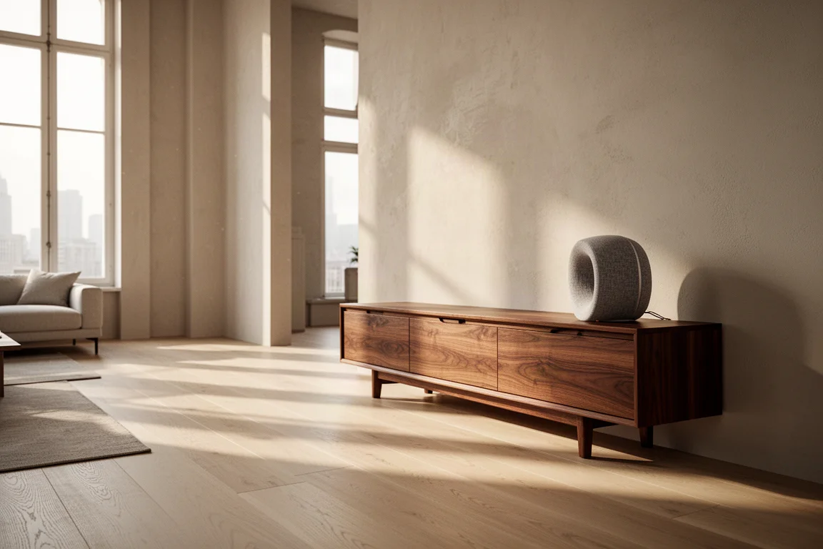 Soggiorno open space con diffusore cilindrico scultoreo su credenza in noce in luce calda