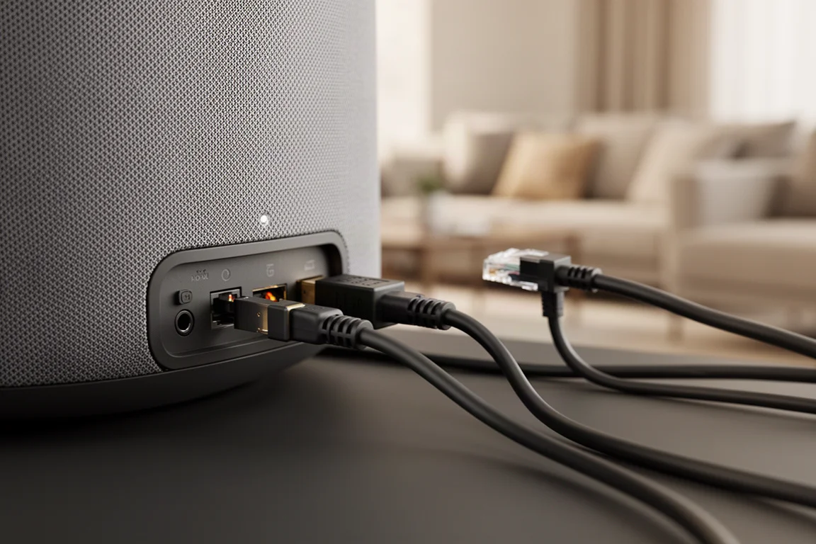 Primo piano del pannello posteriore del diffusore con cavi ottici, HDMI ed Ethernet disposti con ordine