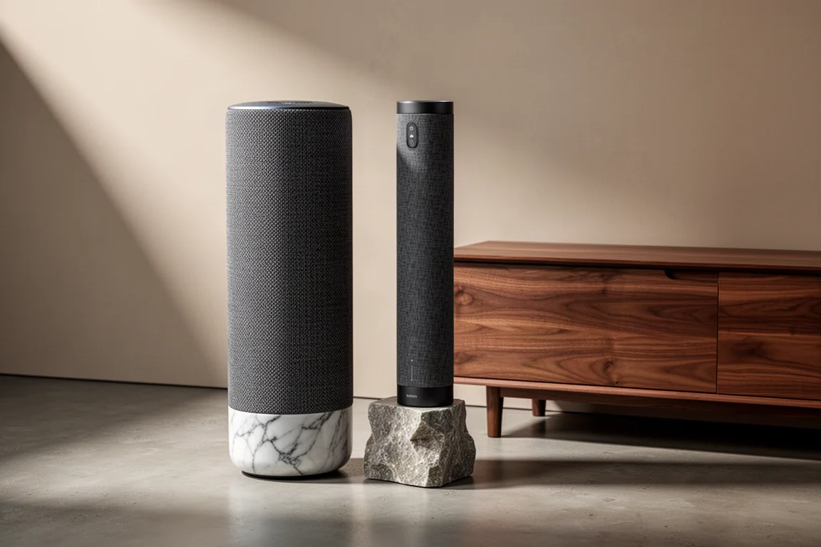 Tall cylindrical luxury wireless speaker with fabric wrap and marble-like base on concrete