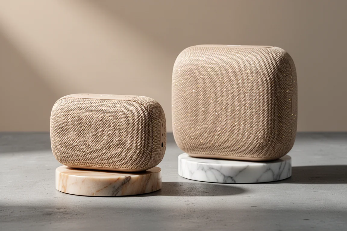 Two fabric-wrapped Marantz wireless speakers on marble bases, small and large model side by side