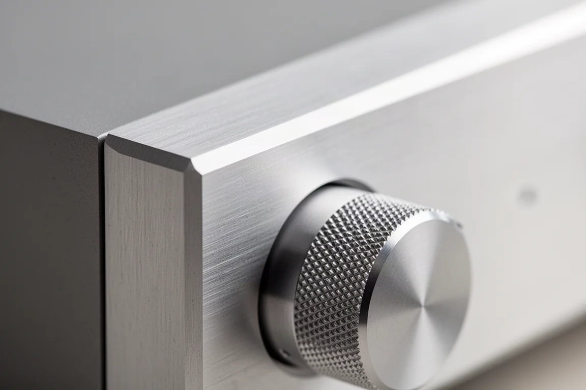 Close-up van een gefreesde metalen behuizingsrand en een verzwaarde roterende volumeknop