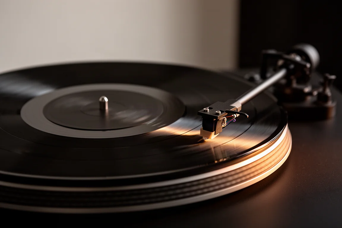 Platenspeler-toonarm en draaiende vinylplaat verlicht door warm zijlicht