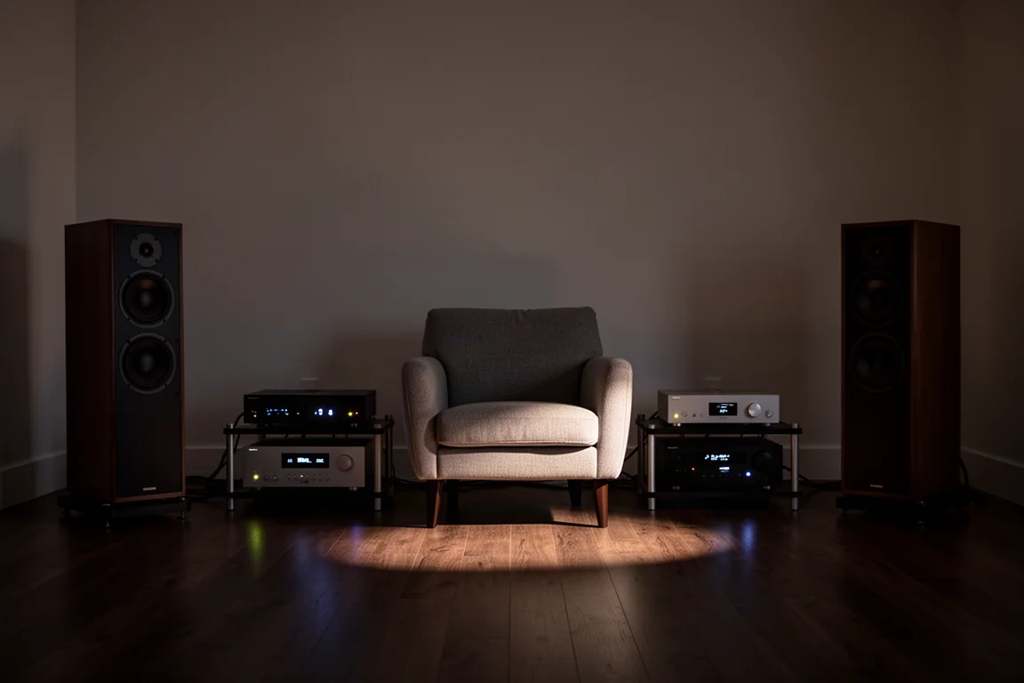 Hi-fi aparte componenten op een houten rack met nette kabelgeleiding