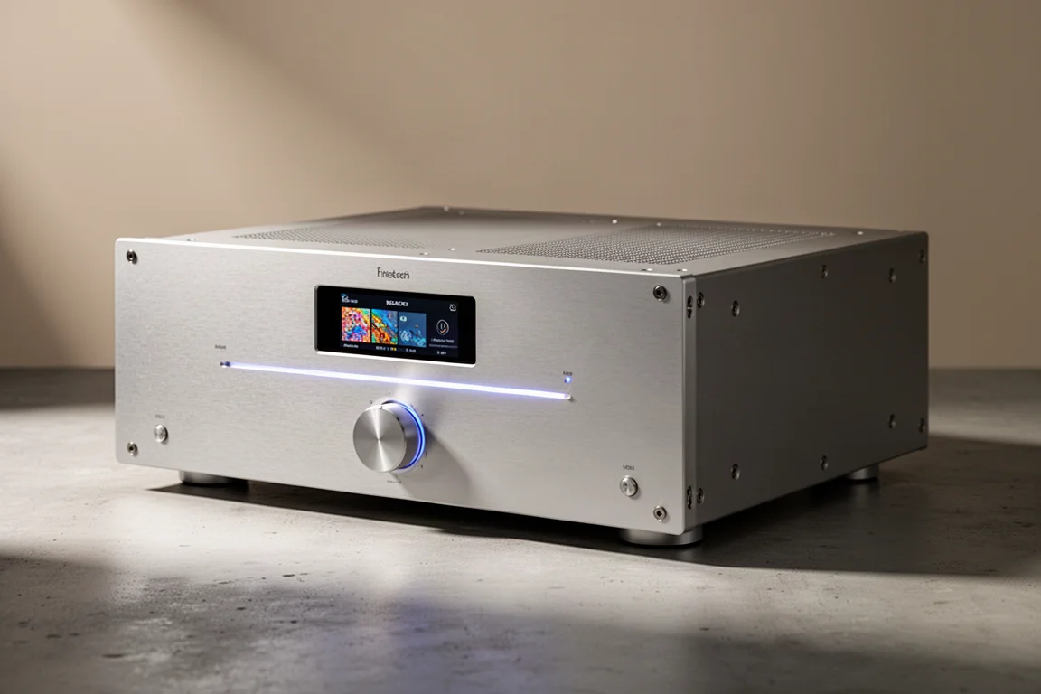 Large two-channel hi-fi preamplifier with color display and rotary volume knob on concrete