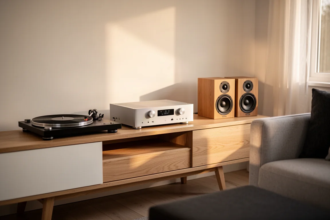 Kompakte Hi-Fi-Anlage auf einem hölzernen Medienboard neben einem Plattenspieler und Regallautsprechern