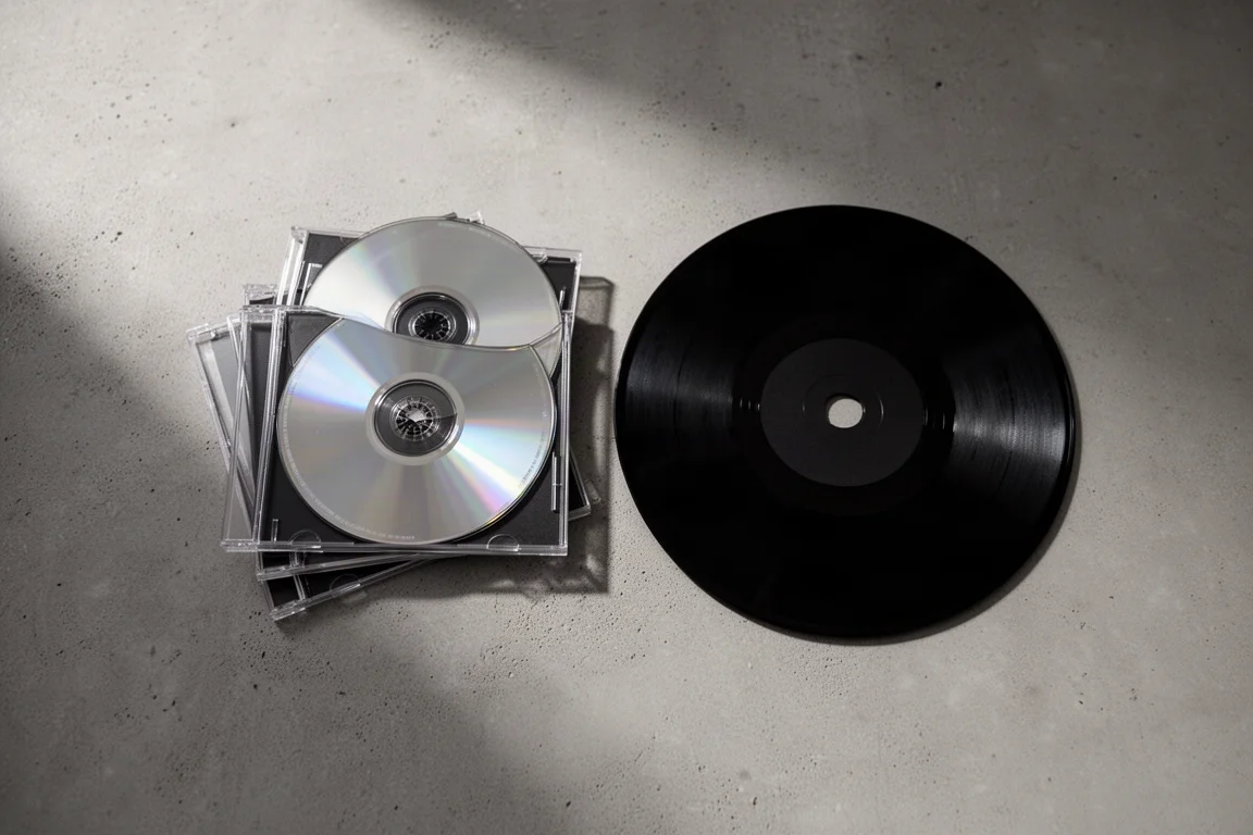 Flatlay aus Compact Discs und einer Vinylplatte auf einer Betonfläche