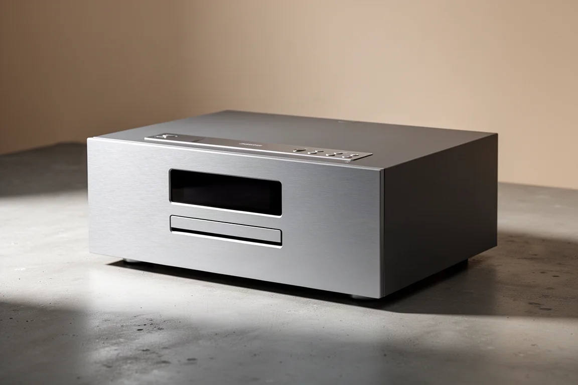 Compact all-in-one hi-fi system with a brushed silver front panel on a concrete surface