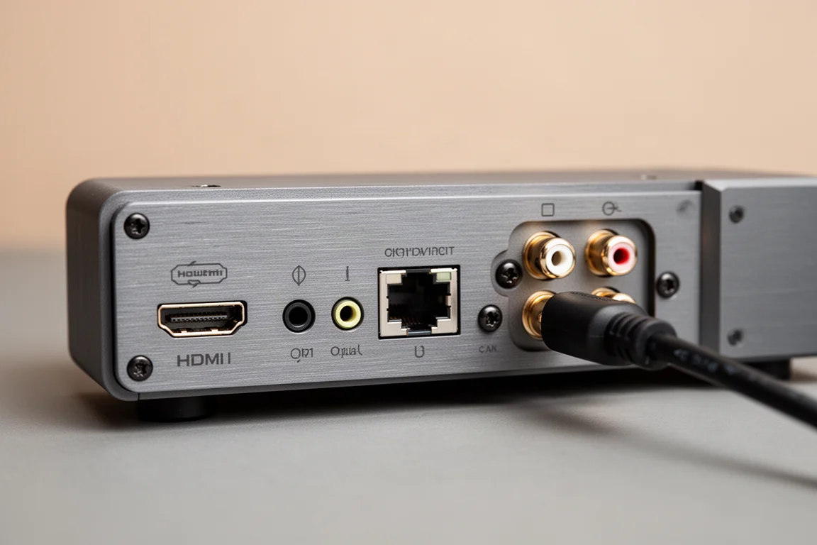 緊湊型擴大機的背板,可見 HDMI、光纖與 RCA 端子
