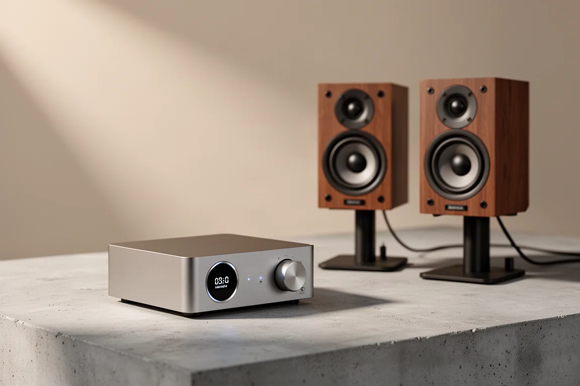 Compact silver streaming amplifier beside small bookshelf speakers on concrete