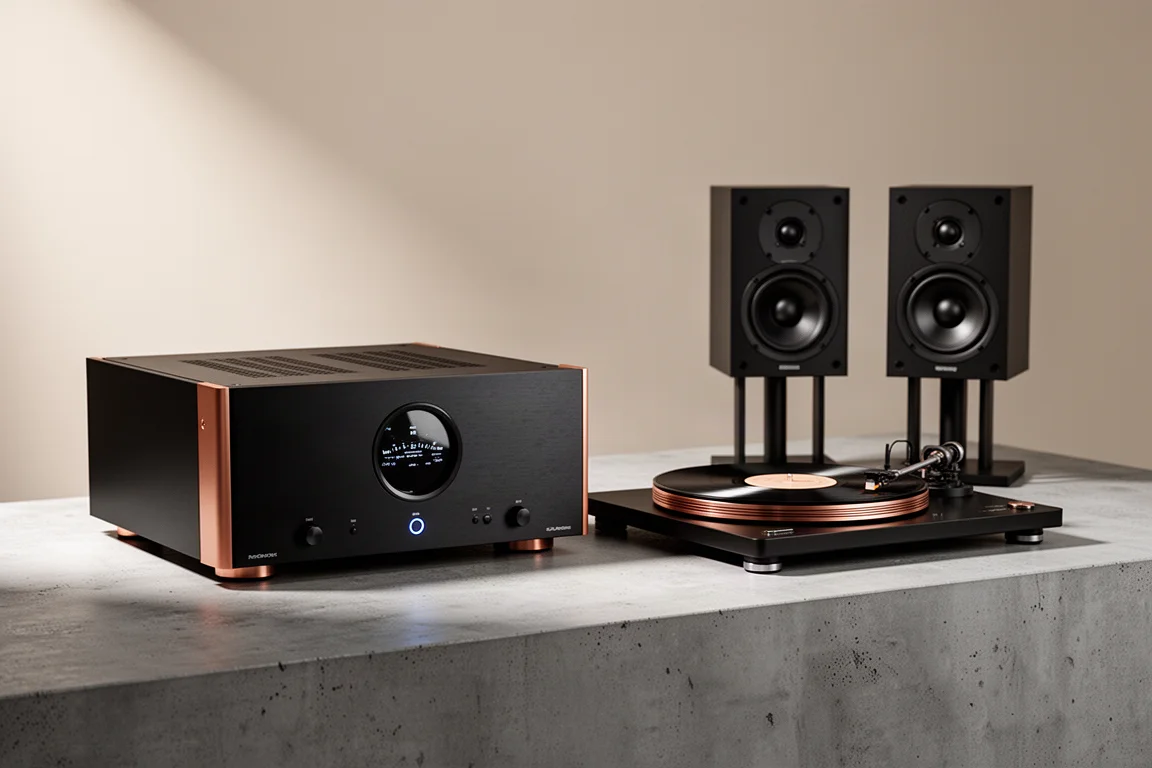 High-end analog listening system with integrated amplifier, turntable and bookshelf speakers