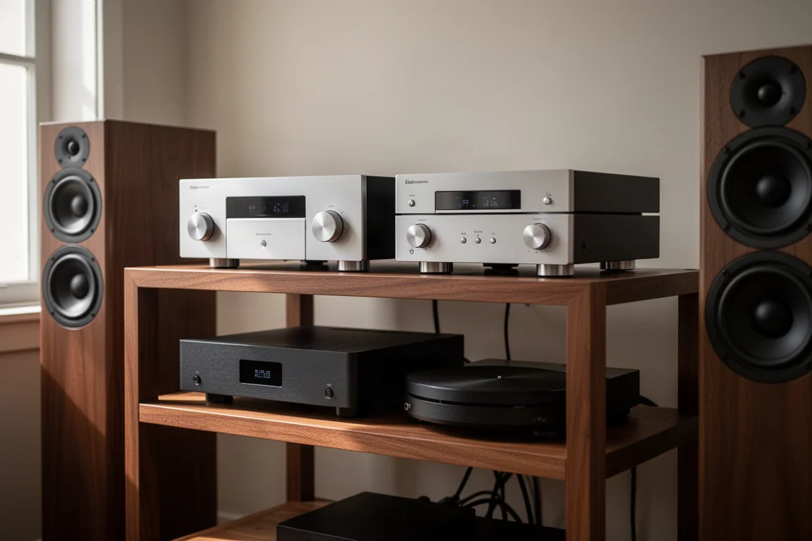 Two high-end hi-fi amplifier and disc player systems on a wooden rack with floorstanding speakers