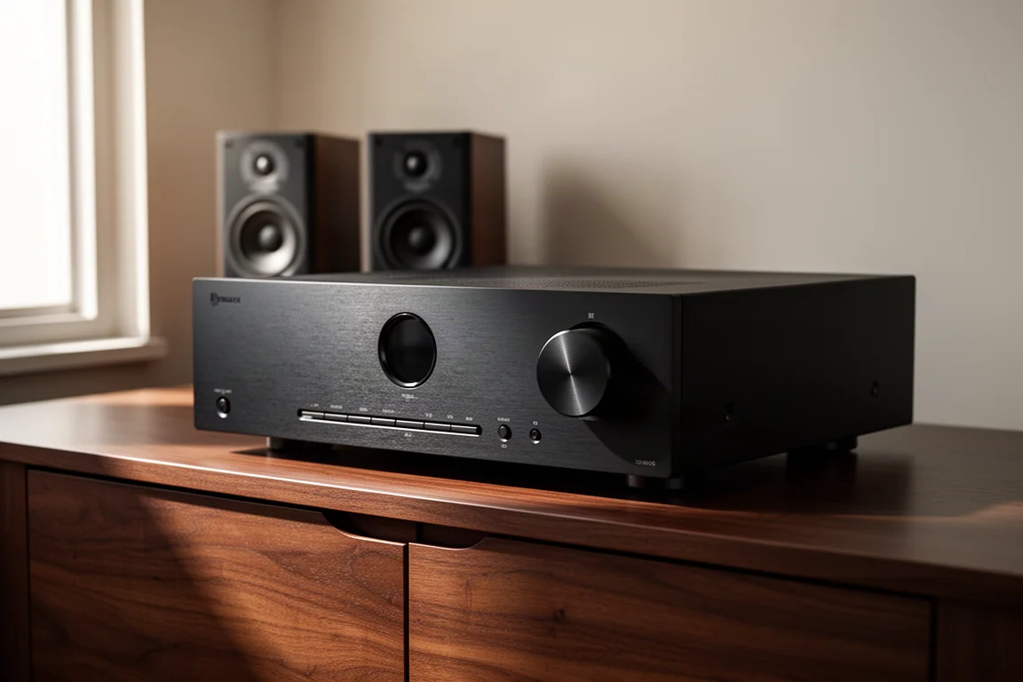 Wide dark hi-fi integrated amplifier with symmetrical controls on a concrete surface