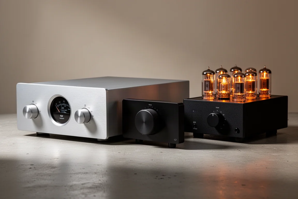 Three integrated amplifiers on a concrete surface, including a silver streaming amp and a valve amp