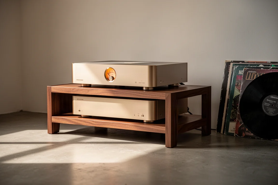 Hi-fi rack with two stacked silver-gold components and vinyl records nearby