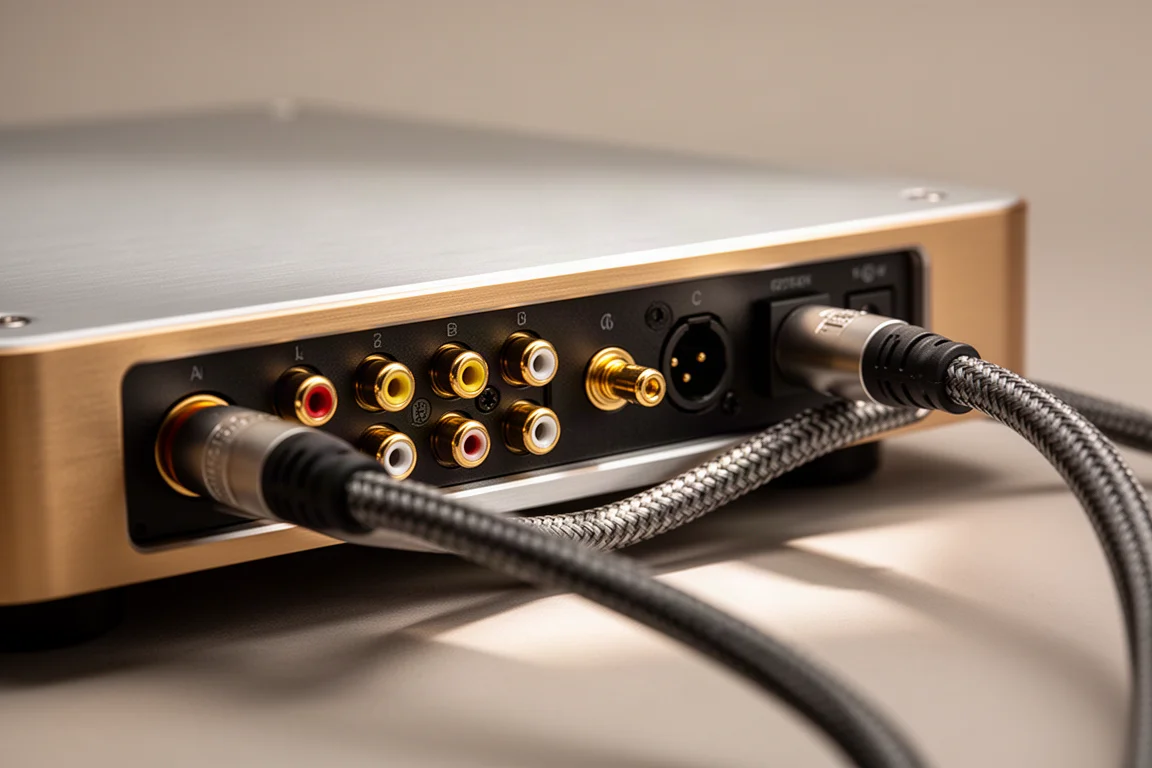 Close-up of rear panel RCA, coaxial, and optical connections on an audio component