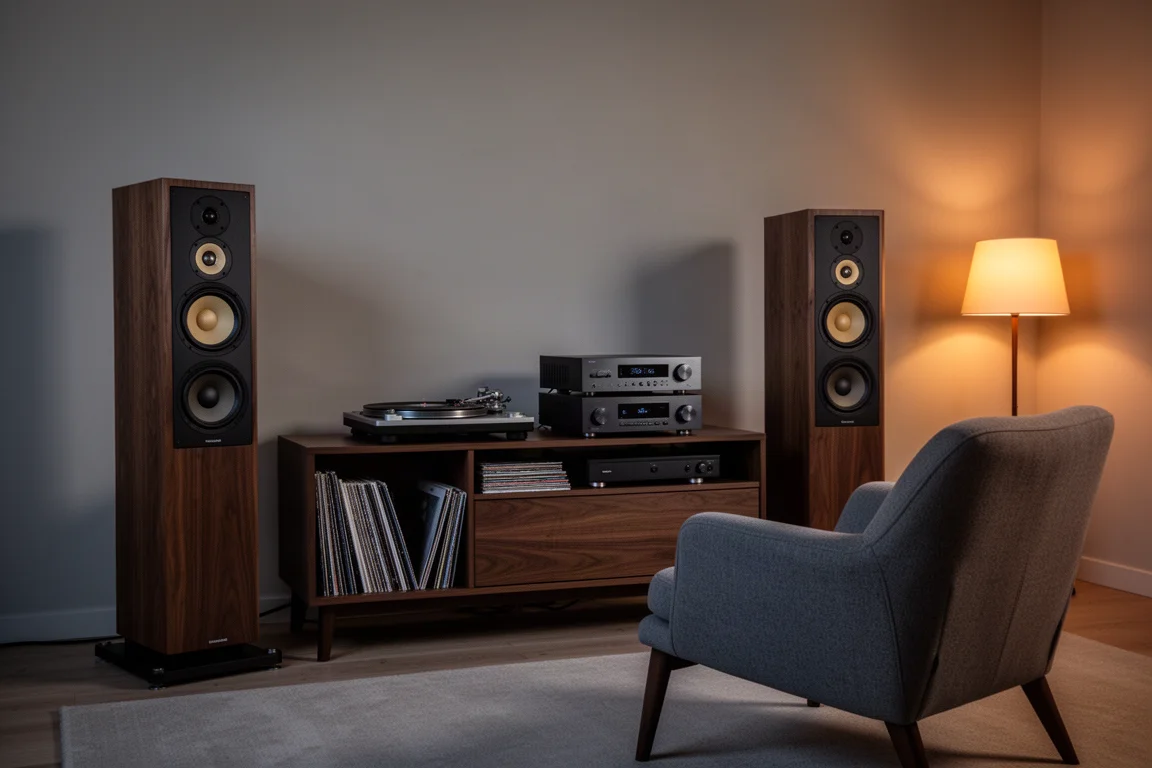 Listening room at dusk with tower speakers, turntable, and a warm lamp