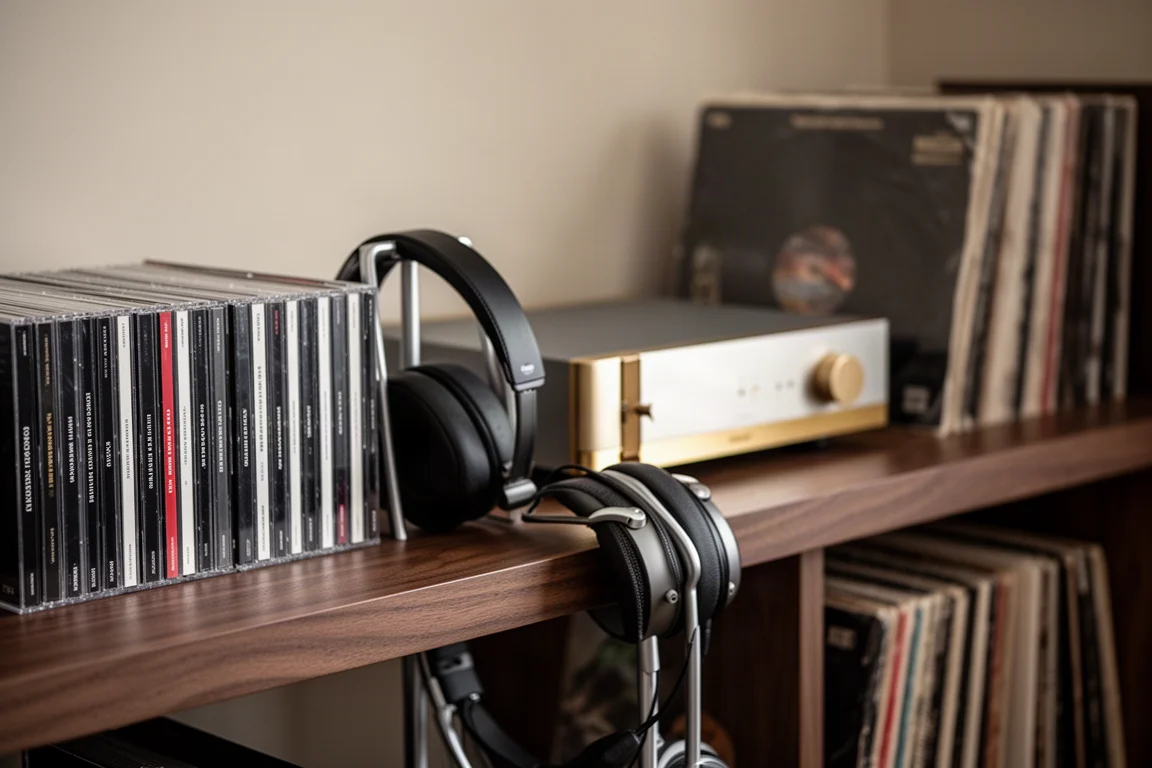 Wooden shelf with CDs, vinyl records, and headphones on a stand