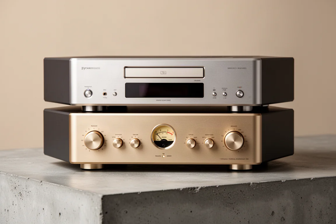 Marantz Model 50 amplifier and CD 50n player stacked on a concrete surface