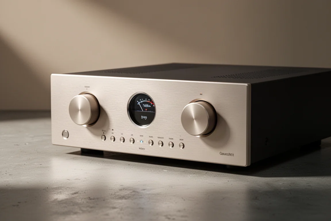 Silver-gold integrated amplifier with a round centre display on a matte concrete surface